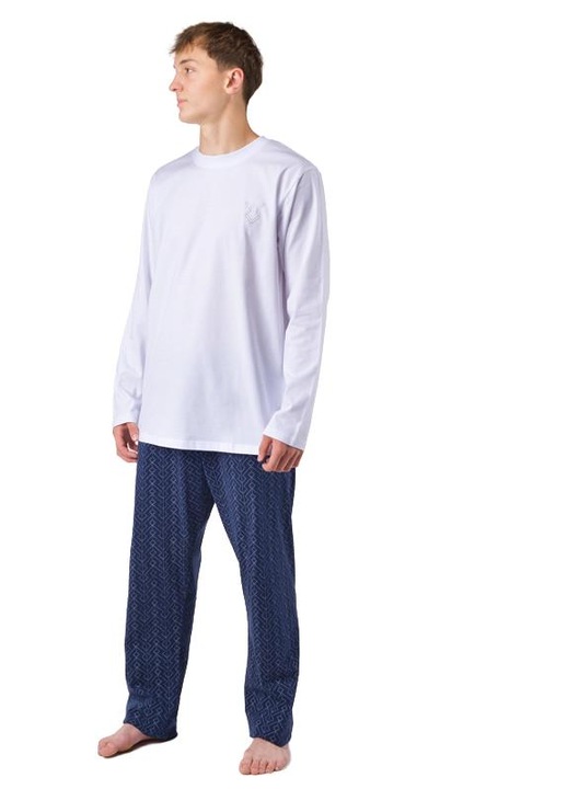 Pijama barbati Gino, bumbac, maneca lunga, pantaloni lungi, alb/albastru