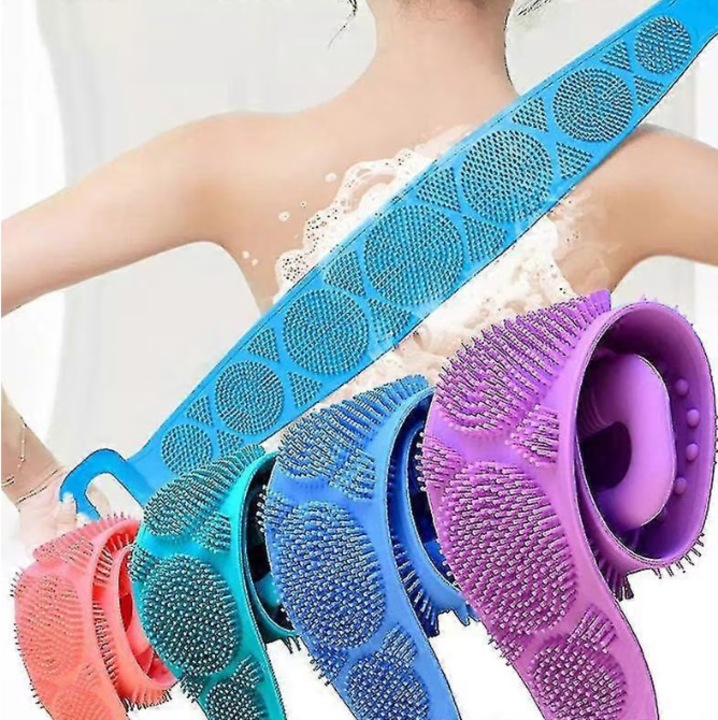 Комплект от 4 гъби за баня, за измиване на тяло и ексфолиране на кожата, Slim body, Двустранна лента, FAMILY-PACK, Четка за масаж, за измиване на гръб, 65 см X 10 см, Премиум силикон, МНОГОЦВЕТЕН