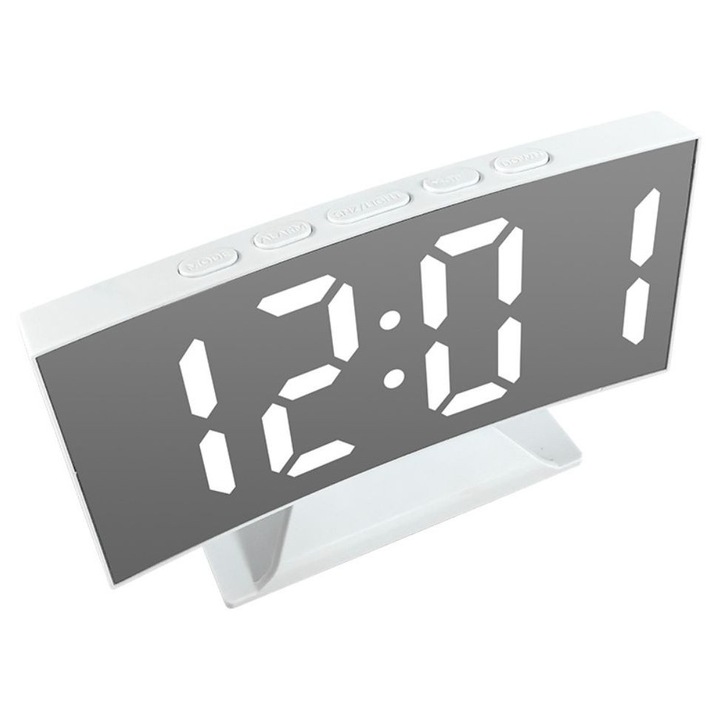 Ceas digital electronic cu afisaj LED, alarma, termometru, functie oglinda, alimentare USB, 14.5x9x1.5 cm, Alb