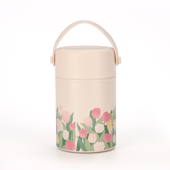 Élelmiszeres edény, BOMSTOM, 500 ml, Rozsdamentes acél, Légmentesen záródó, Ergonomikus és csúszásmentes kialakítás, Hordozható, Összecsukható kanállal, Tökéletes ebédre vagy utazáshoz, Többszínű