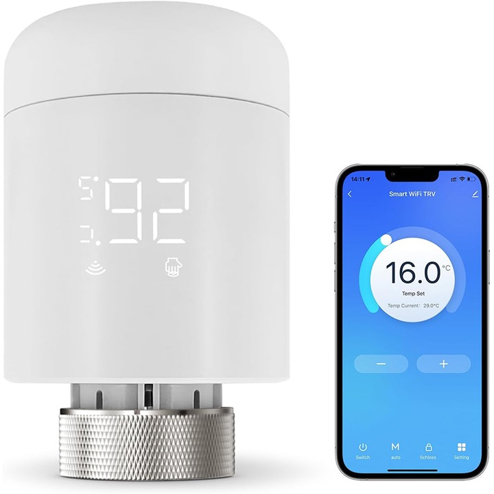 Cap termostat smart pentru calorifere, Duueyct, WiFi, control vocal Alexa/Google, alb