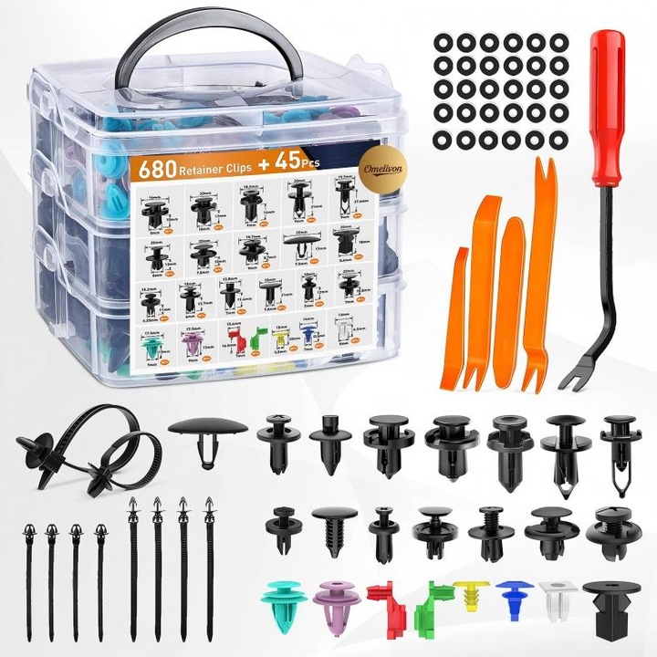 Set 725 cleme auto de fixare, Omelivon, 18 dimensiuni, plastic, universal