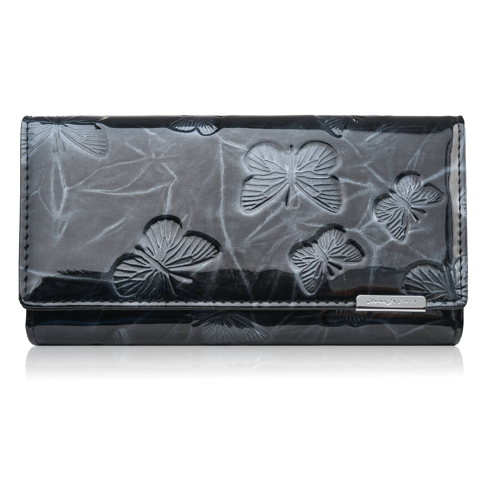 Portofel din piele lacuita Jennifer Jones, model fluture, negru, 19x10x3cm