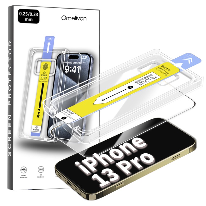 Folie de Protectie pentru iPhone 13 Pro, Omelivon, Sticla Securizata, cu Kit de Aplicare Instanta si Functie Automata de Indepartare a Prafului, Duritate 9H, Ultra HD, Anti Amprente