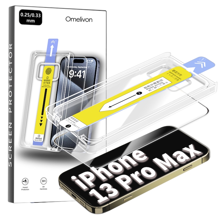 Folie de Protectie pentru iPhone 13 Pro Max, Omelivon, Sticla Securizata, cu Kit de Aplicare Instanta si Functie Automata de Indepartare a Prafului, Duritate 9H, Ultra HD, Anti Amprente