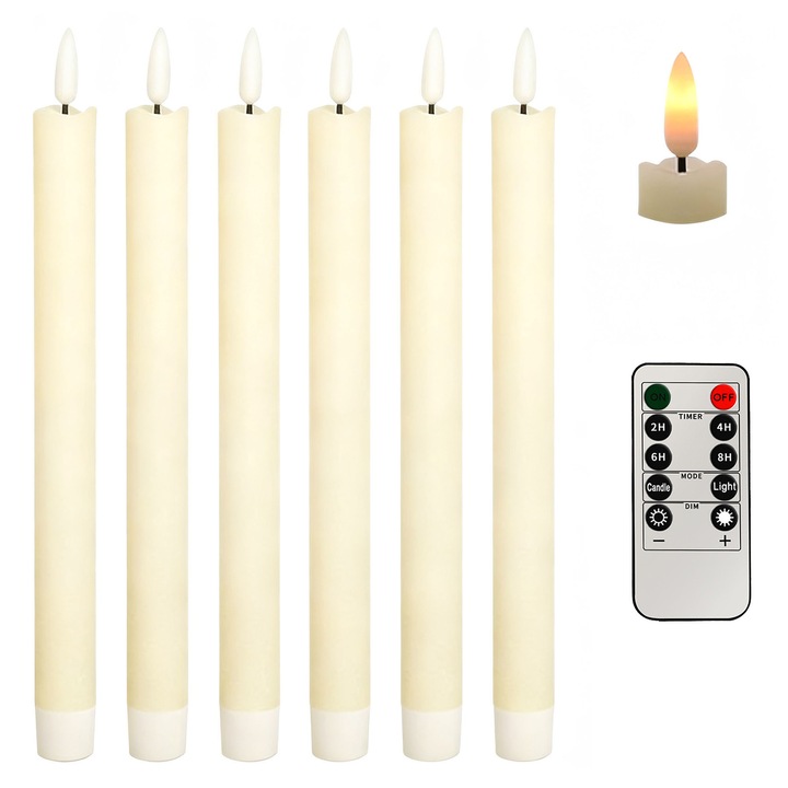 Комплект от 6 електрически свещи Tioialz®, цвят слонова кост, с дистанционно управление с 10 бутона, 6.3x0.79 инча