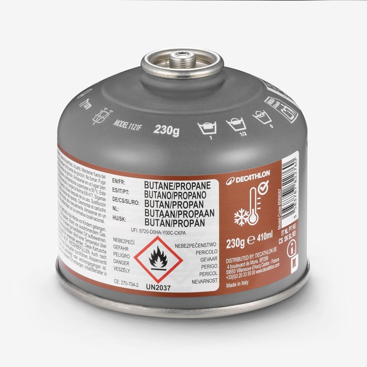 Butelie gaz Decathlon 230g, pentru vreme rece, maroniu