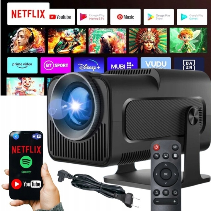 Hordozható videoprojektor, 1280x720p, 250 ANSI lumen, 4K, 40-130 hüvelyk, Bluetooth, négymagos, 8 GB ROM