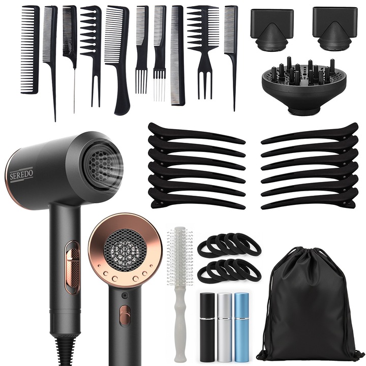 Професионален сешоар Seredo™ 2000W, 3 степени на скорост, 2 степени на температура, 12x щипки за коса, 10x гребени, 10x ластици за коса, 3x накрайника за сушене, 3x контейнера за парфюм, четка за коса и торбичка за съхранение включени