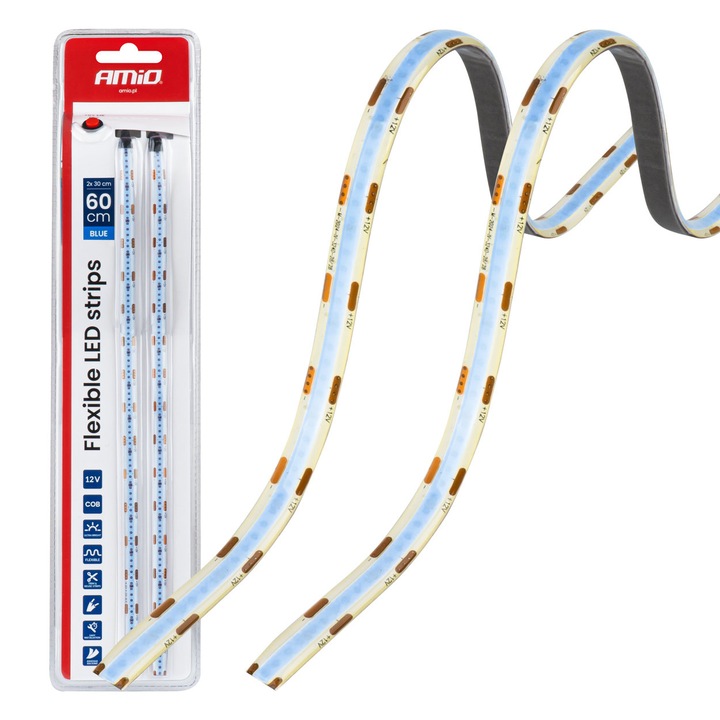 AMIO COB LED szalag csomag 2x30cm, kék fény, 12V, rugalmas