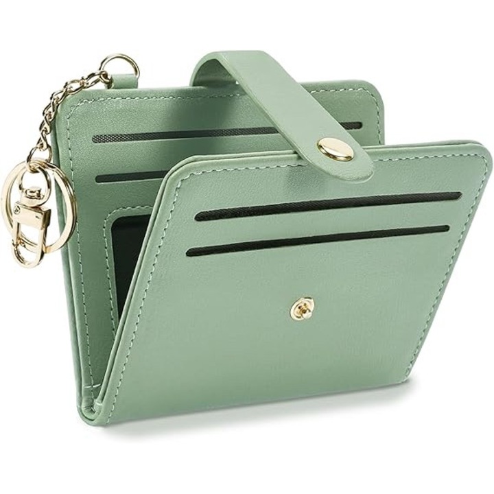 Малък портфейл от кожа с RFID защита за кредитни карти за жени - С прозорец за лична карта - Портфейл за карти за жени - Портмоне с цип за монети - Портфейл с ключодържател