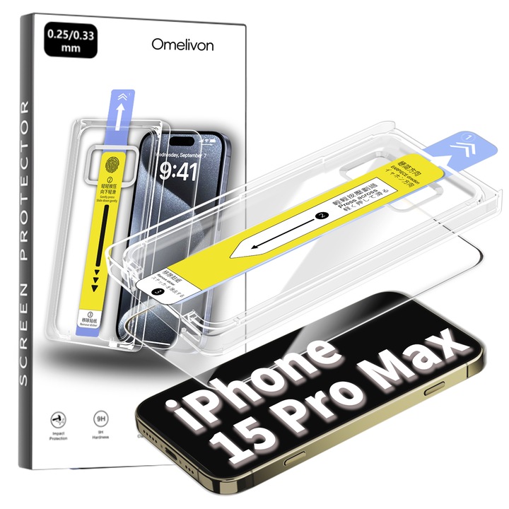 Folie de Protectie pentru iPhone 15 Pro Max, Omelivon, Sticla Securizata, cu Kit de Aplicare Instanta si Functie Automata de Indepartare a Prafului, Duritate 9H, Ultra HD, Anti Amprente