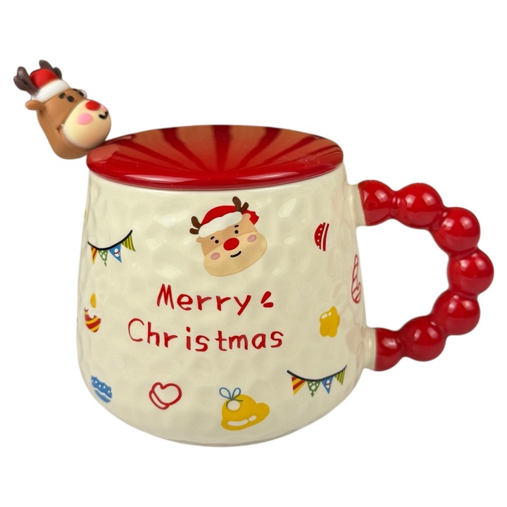 Cana ceramica Craciun "Merry Christmas" verde, capac si lingurita ren, 400 ml