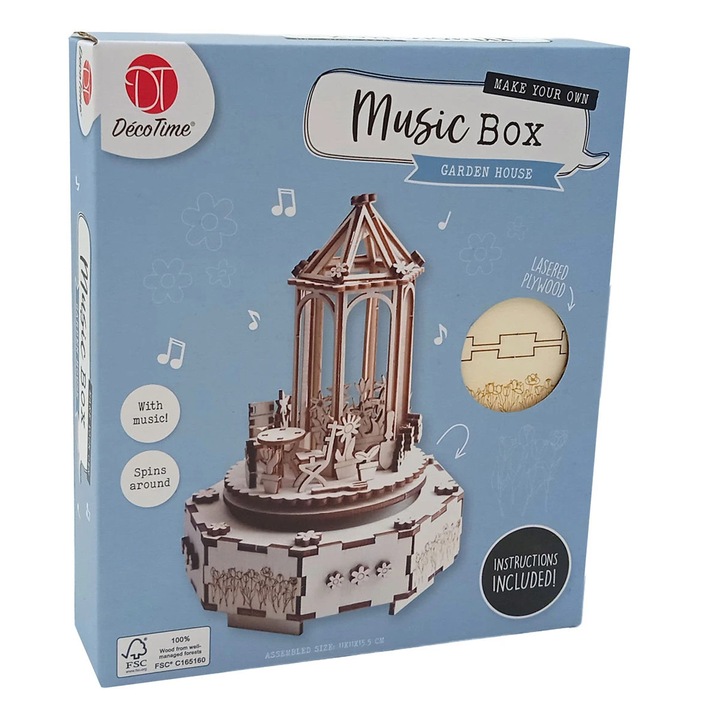 Puzzle 3D, DecoTime, cutie muzicala din lemn ecologic, mecanism rotativ, 10+ ani