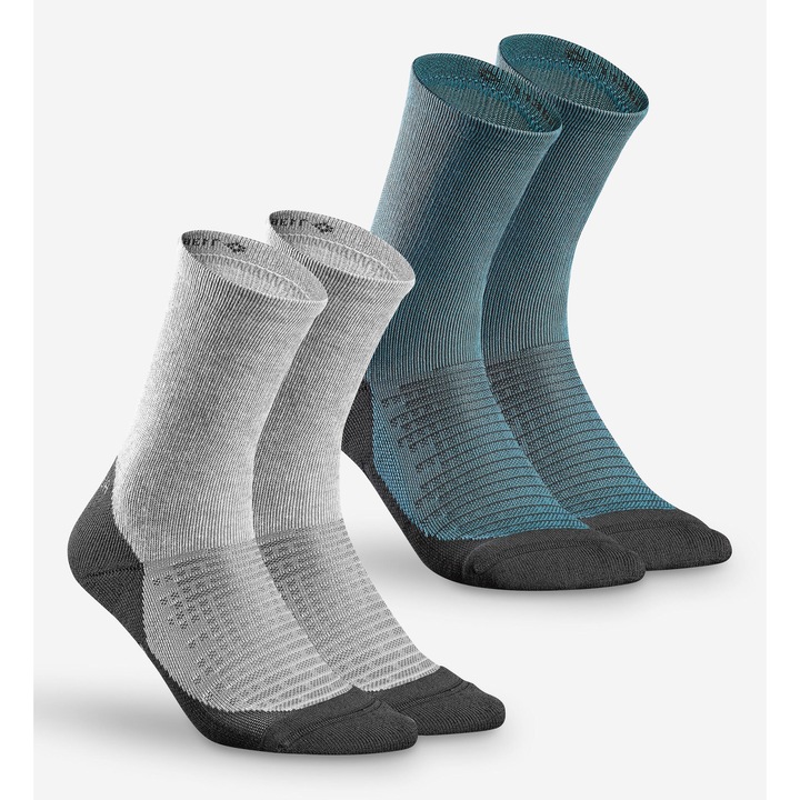 Set 2 perechi sosete lungi drumetie la munte hike100 gri-albastru adulti 43/46, turcoaz inchis