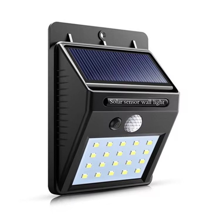 Napelemes fali lámpa, 20 LED, mozgásérzékelő, fekete, vízálló, 10x20cm