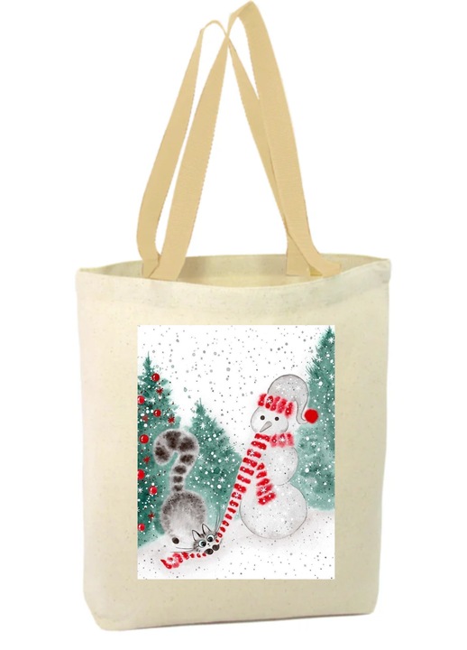 Vászon táska cipzárral, két fogantyúval, vicces téli képek macskával és hóemberrel