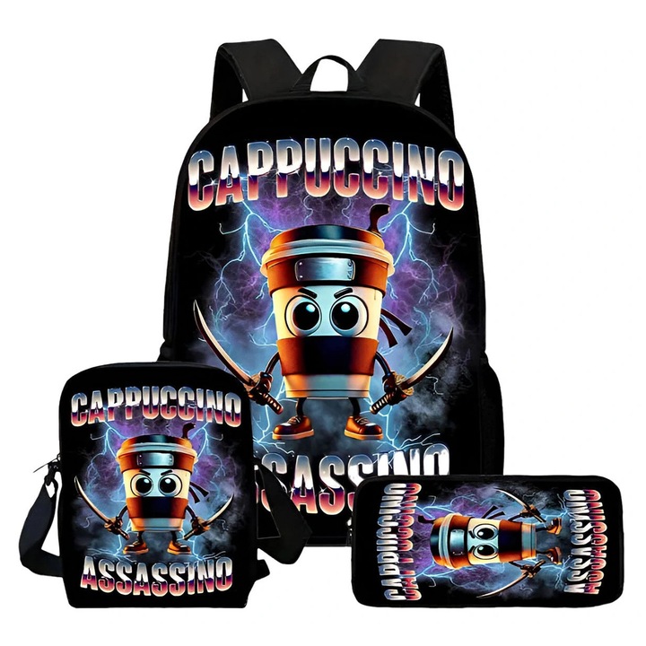 Set ghiozdan 3 piese - Italian Brainrot, batoh 42x30x13cm, penal, geanta pentru gustare 27x20cm, multicolor