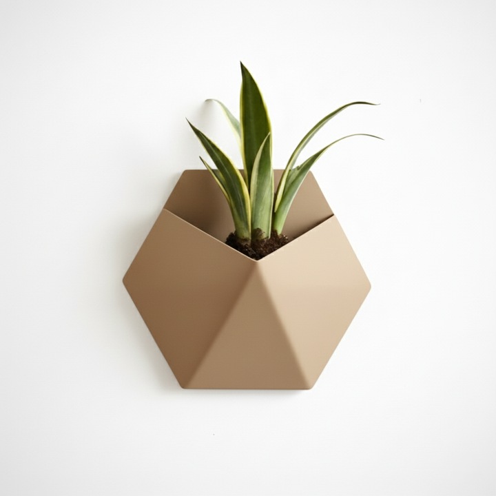 Hexa Design fali virágtartó, homokkő bézs szín, geometrikus design, környezetbarát anyag