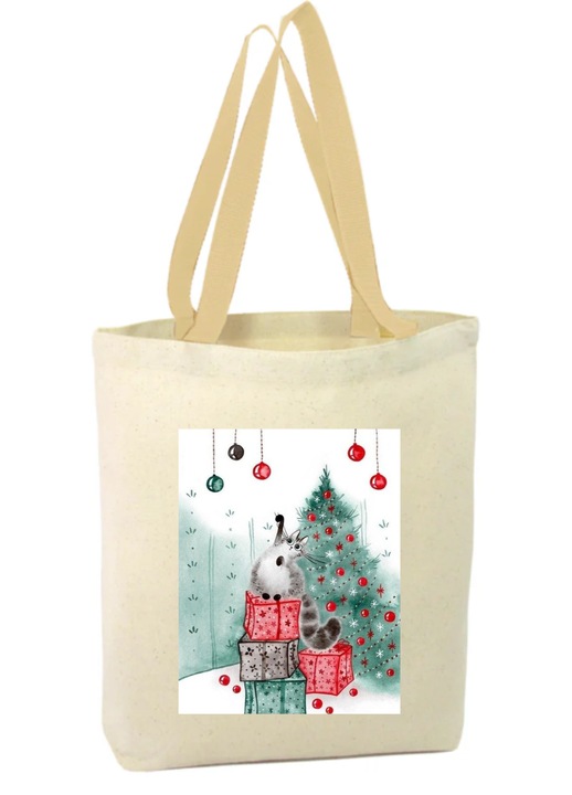 Vászon táska cipzárral, két fogantyúval, vicces macska képpel és karácsonyi motívummal
