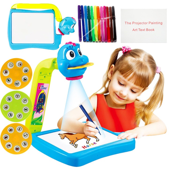 Комплект за рисуване KinderSafe, 21 изображения, 6 маркера, лампа, многоцветен