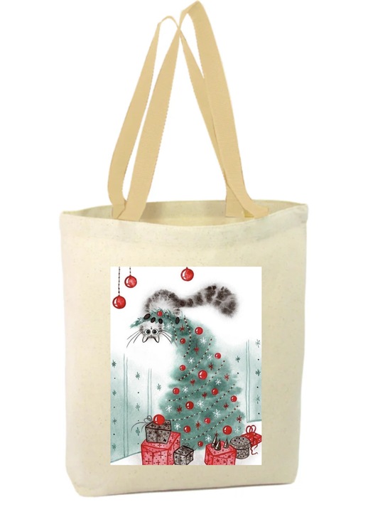 Vászon bevásárlótáska cipzárral, két fogantyúval, karácsonyi kép, huncut macskával