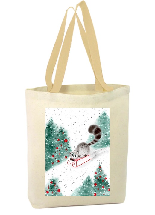 Vászon táska cipzárral, két fogantyúval, vicces téli kép macskával szánkón