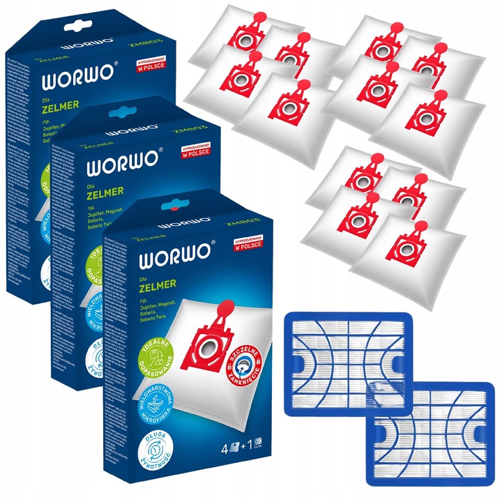 Set Saci și Filtre Worwo pentru Aspirator Zelmer Jupiter ZVCA300B, Microfibra, Filtrare HEPA H10, 12 Genti, 3 Filtre