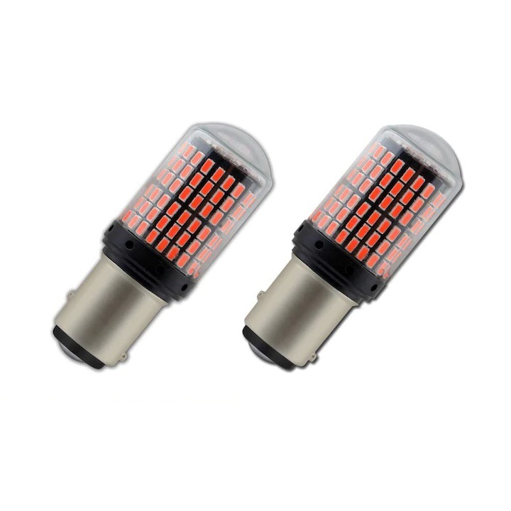 Set 2 becuri Led, BAY15D / 1157G, cu 2 faze P21/5w frana si pozitie, 144 SMD 3014, culoare rosie, tensiune, 12v