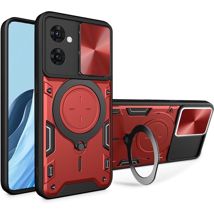 Калъф за Samsung Galaxy A07 4G, CamGuard Pro Kickstand, плъзгаща се камера, противоударна, превъзходна защита, червен