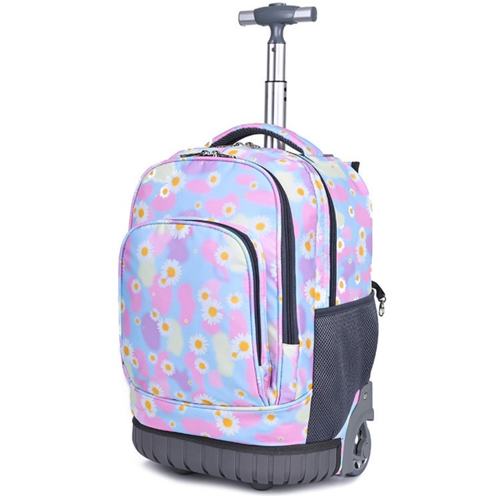 Многофункционален ученически несесер с колелца, раница с голям капацитет, за момичета и момчета, идеален за училище и пътувания, издръжливи колела, водоустойчив, телескопична система на количка, множество отделения, 31x21x48 см, флорален