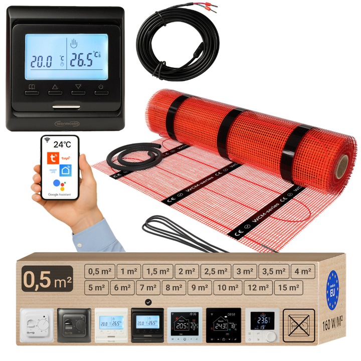 Kit covor incalzire in pardoseala Warmcoin, WCM 0.5 m, 80W, 230V, termostat digital programabil W51 WIFI