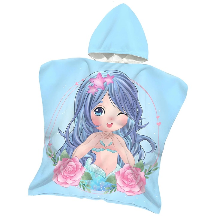 Poncho pentru copii, Girls, Marea Sirena, 60x120cm, rapid uscare, cu gluga