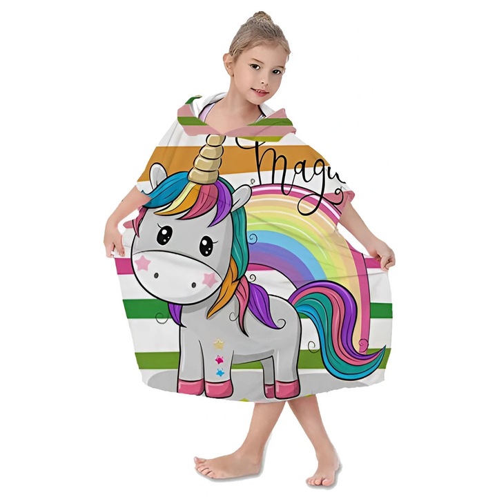 Poncho pentru copii, Girls, unicorn, rapid uscare, 60x120cm, multicolor