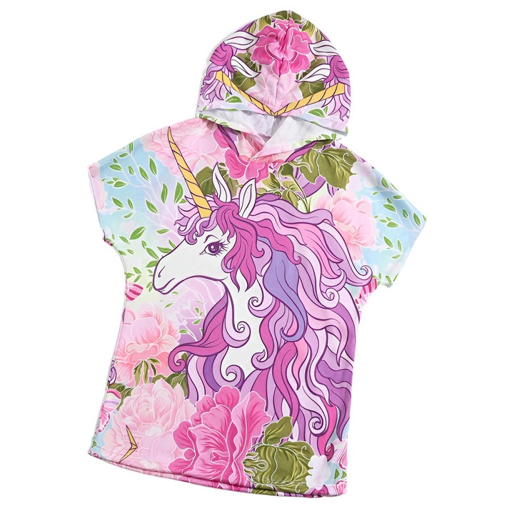 Poncho pentru copii, Girls, unicorni, 60x120cm, multicolor