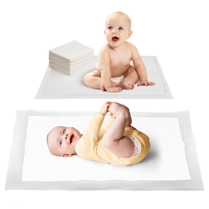 Комплект от 15 подложки за еднократна употреба 60x90 см, CareGo Pads, мек и деликатен слой, абсорбираща вложка, водоустойчив изолационен слой, подходящи за смяна на пелени или бебешко креватче, бял