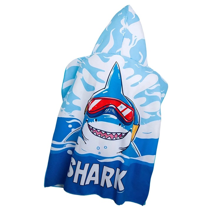 Poncho copii Boys, model rechin, 60x120cm, multicolor, pentru plaja, piscina