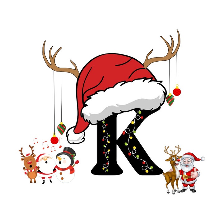 Sticker K Litera Cu Luminite Reni Si Mos Craciun, Autoadeziv, Craciun, Cri-Flo, dimensiune 15 cm