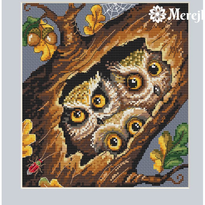 Set de brodat in cruciulita Merejka "Bufnite" 16x18 cm