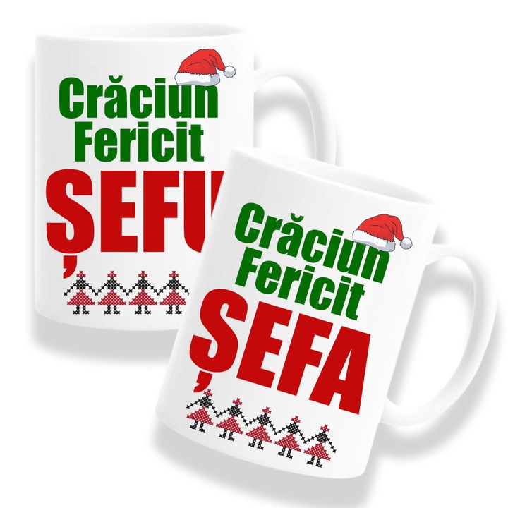 Set 2 cani cu mesaj:"Craciun fericit sefu/sefa", Craciun, Model 1, Betaprint, alba, 330ml
