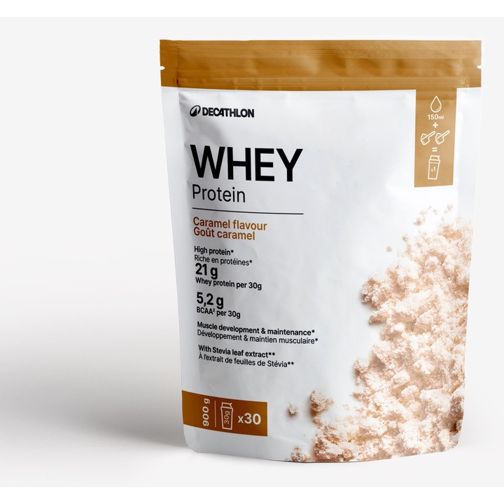 Proteina din zer Decathlon 900g, caramel, pudră, pentru dezvoltarea masei musculare