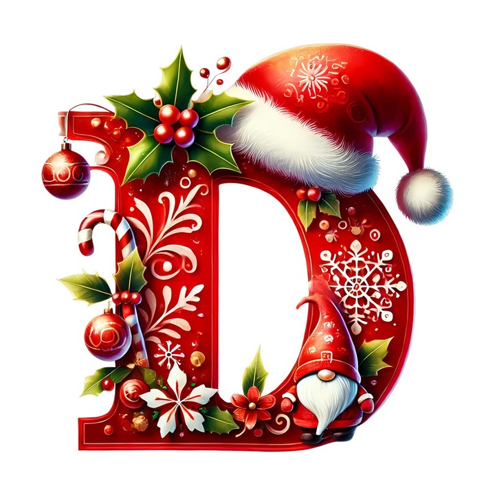 Sticker D Litere Craciun Cu Spiridus Si Caciula Mos, Autoadeziv, Craciun, Cri-Flo, dimensiune 15 cm