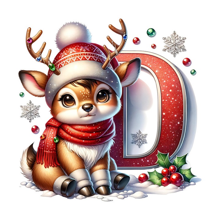 Sticker D Litera Craciun Cu Ren Si Fulgi, Autoadeziv, Craciun, Cri-Flo, dimensiune 15 cm