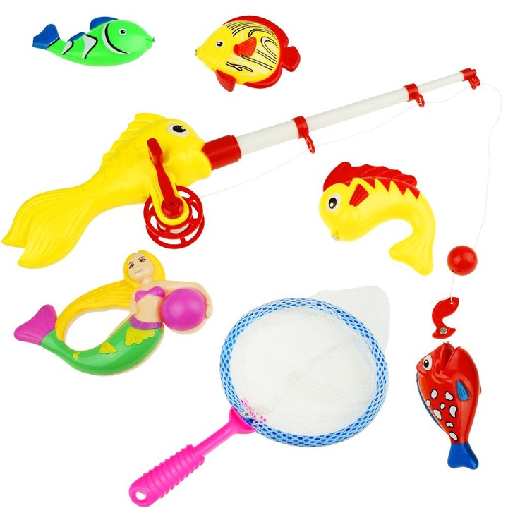 Комплект за риболов за деца, KinderSafe, въдица с магнит, 2 цветни риби, русалка, делфин, морско конче, костенурка