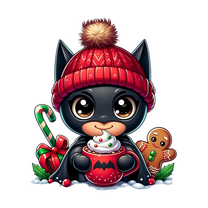Sticker Batman Christmas Chibi Cu Cana Si Lumini, Autoadeziv, Craciun, Cri-Flo, dimensiune 25 cm