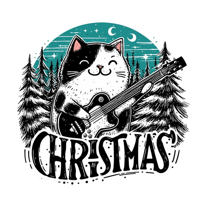 Sticker Pisica Cantand La Chitara De Craciun, Autoadeziv, Craciun, Cri-Flo, dimensiune 25 cm