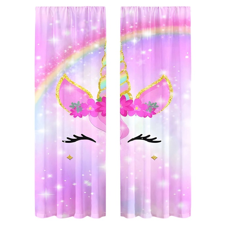 Perdele pentru copii, Excellent, set 2 bucati, 75x166cm, model unicorn, multicolor