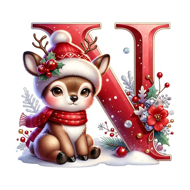 Sticker N Litera Craciun Cu Ren Si Fulgi, Autoadeziv, Craciun, Cri-Flo, dimensiune 15 cm