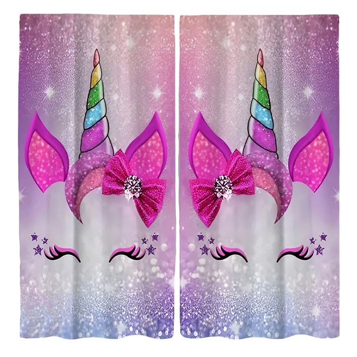 Perdele Unicorn set 2 buc, 113x230cm, model unicorni cu fundita, alb-gri