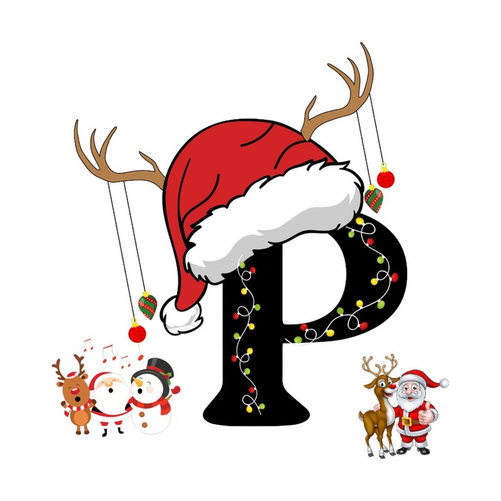 Sticker P Litera Cu Luminite Reni Si Mos Craciun, Autoadeziv, Craciun, Cri-Flo, dimensiune 15 cm